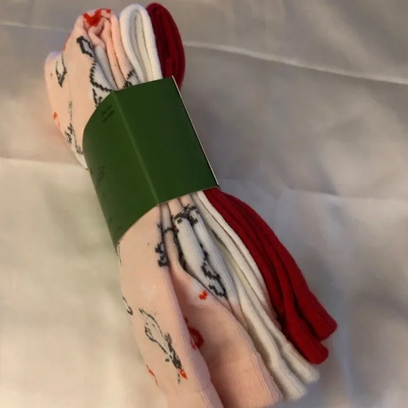 Kate Spade 3 Pair Crew Socks Pink With Doves, Red & White Shoe Size 4-10 NWT - Picture 10 of 11
